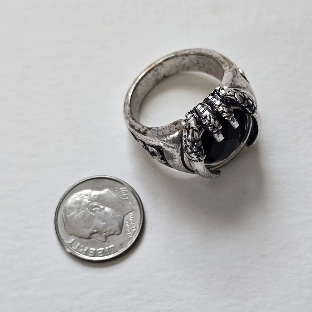 Silver-Tone Black Stone Claw Ring Size 10